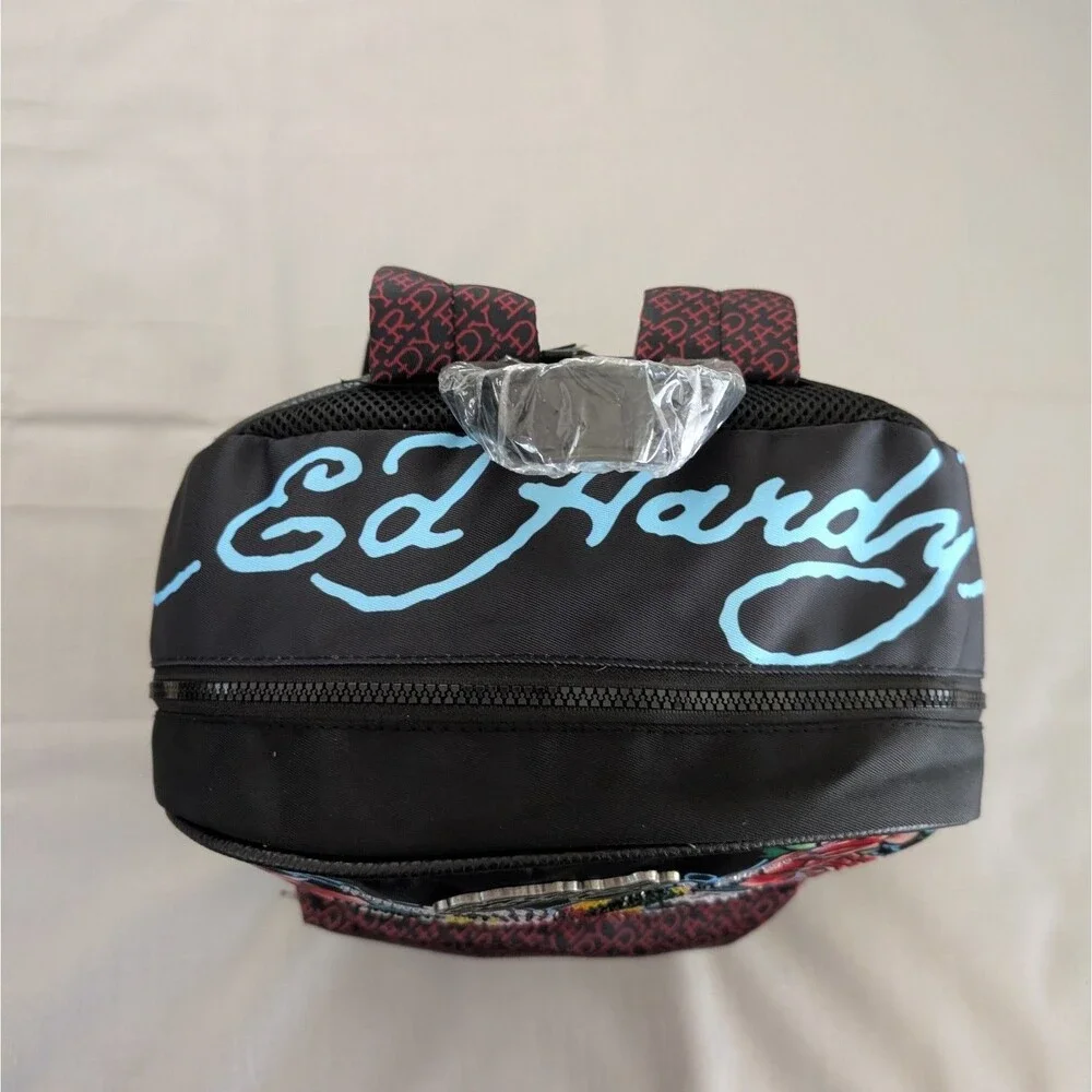 Ed Hardy True Til Death Tattoo Print Rhinestone Faux Leather Backpack NEW!